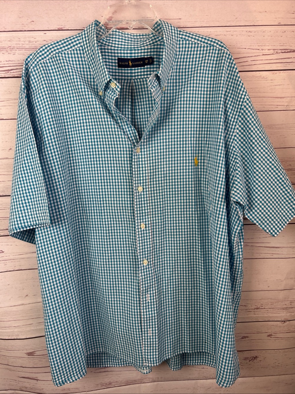 Ralph Lauren Men’s Aqua Gingham Short-Sleeve Button-Down Shirt READ